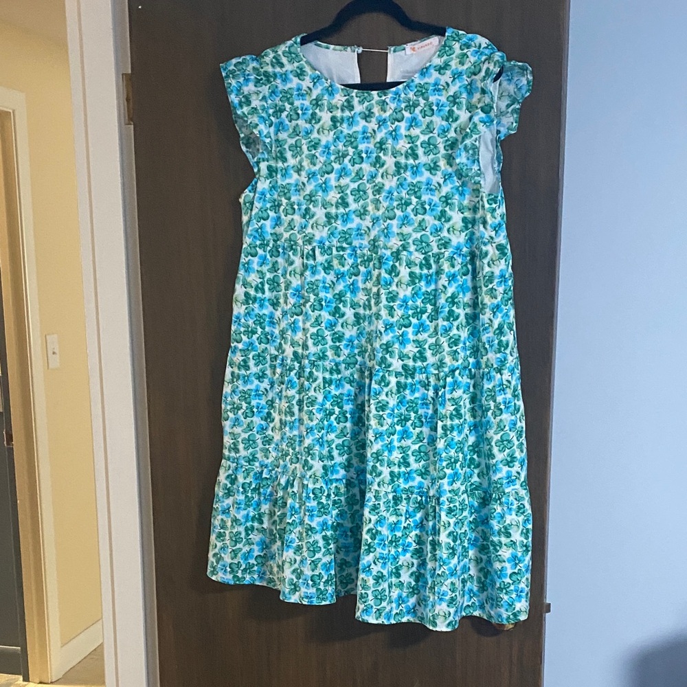Elegant Blue and Green Floral Dress